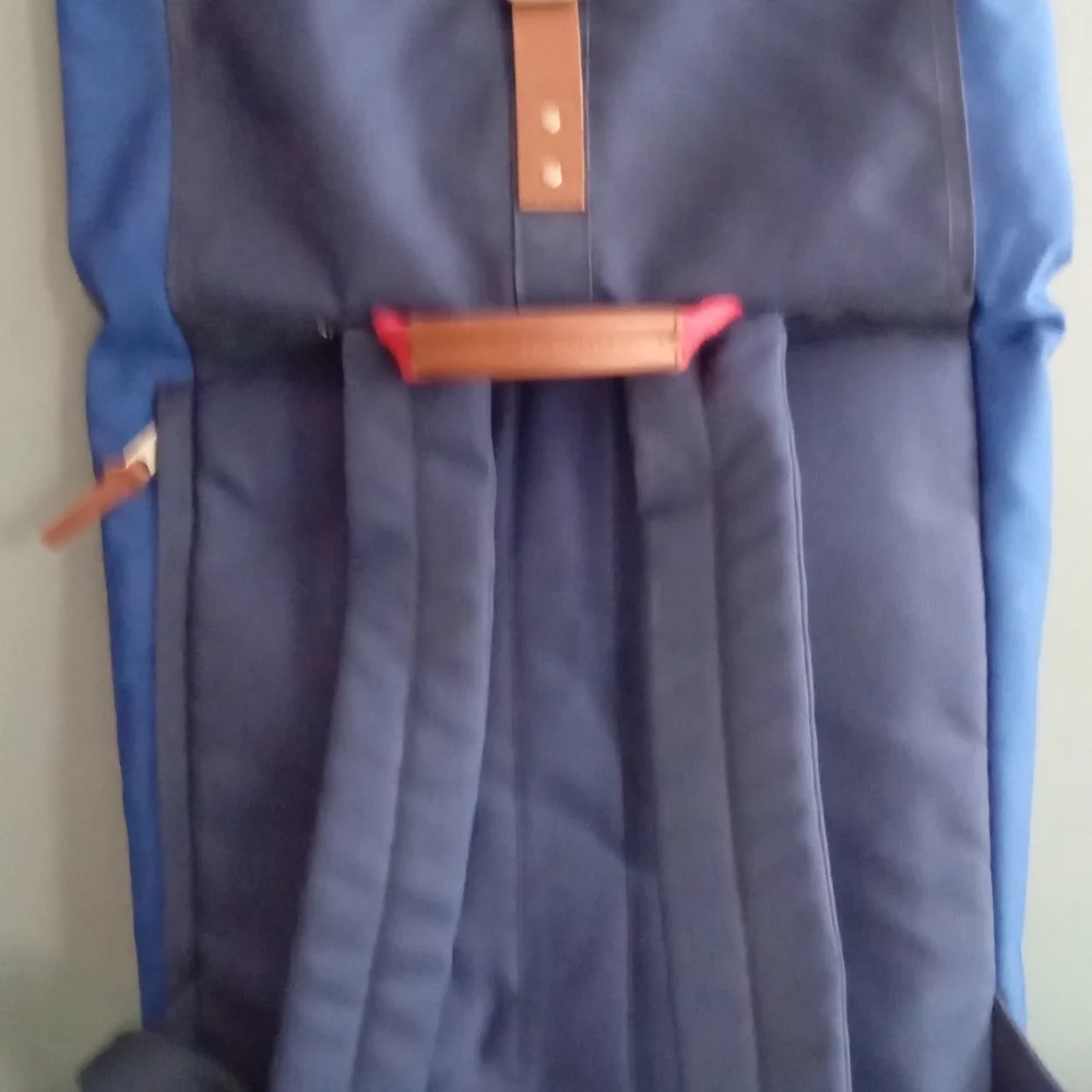 Penguin Backpack Blue Canvas Leather Trim Roll‎ Top Adjustable Straps